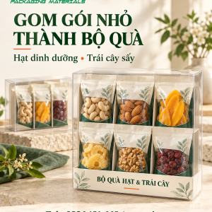 Phối cảnh hộp PET gom các túi hạt dinh dưỡng và trái cây sấy đóng gói riêng thành bộ quà