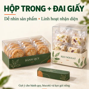 Phối cảnh hộp PET trong phối đai giấy cho bánh quy và kẹo nougat đã đóng gói riêng