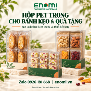 Phối cảnh minh họa hộp PET ENOMI cho bánh quy, kẹo nougat và quà thực phẩm đóng gói riêng