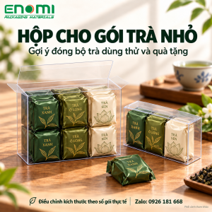 Phối cảnh tham khảo hộp PET trong suốt đựng gói trà xanh, ô long và trà sen nhỏ cho bộ dùng thử hoặc quà tặng.
