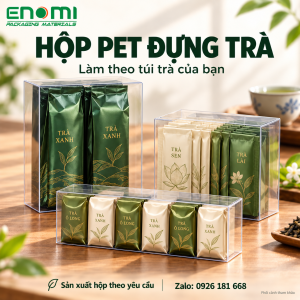 Phối cảnh tham khảo ba mẫu hộp PET trong suốt đựng túi trà dài, trà túi lọc có bao riêng và gói trà nhỏ.