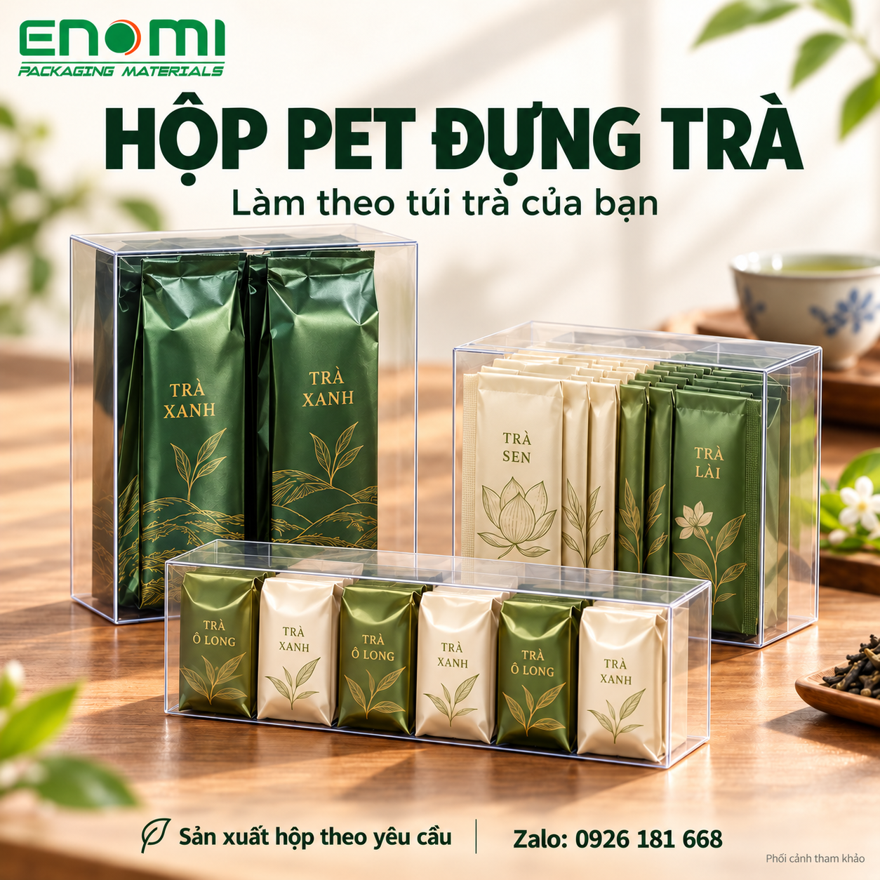 Hộp nhựa PET đựng trà theo yêu cầu – ENOMI Phối cảnh tham khảo ba mẫu hộp PET trong suốt đựng túi trà dài, trà túi lọc có bao riêng và gói trà nhỏ.