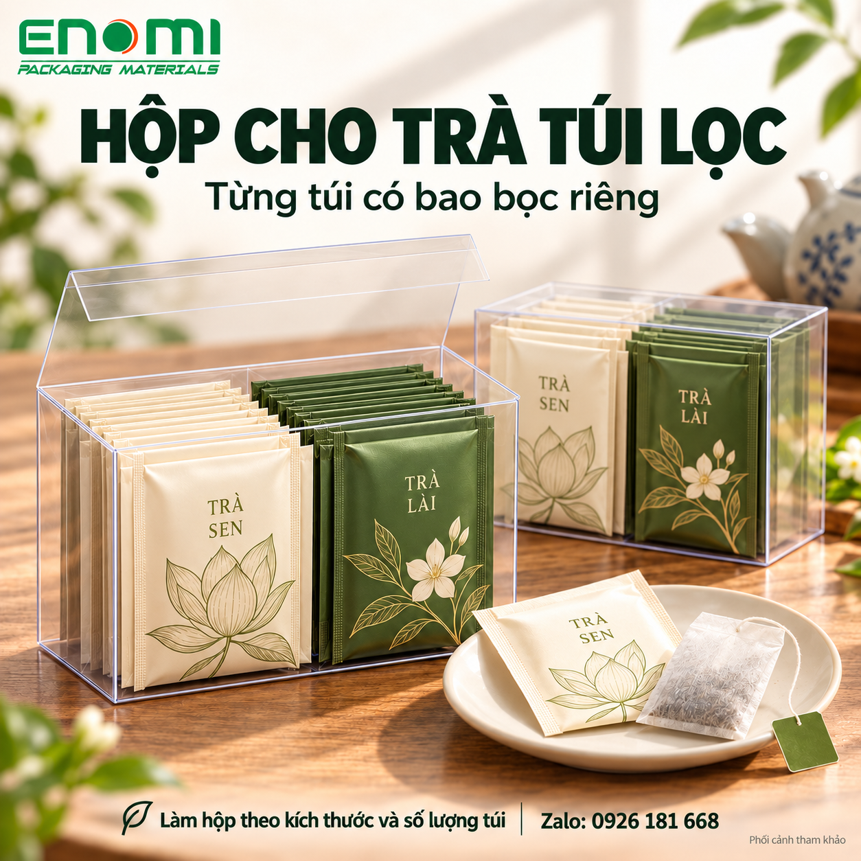 Hộp nhựa PET đựng trà túi lọc bọc riêng – ENOMI Phối cảnh tham khảo hộp PET trong suốt đựng trà sen và trà lài túi lọc, mỗi túi có bao bọc riêng.