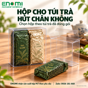 Phối cảnh tham khảo hộp PET trong suốt đựng túi trà hút chân không, có mẫu hộp đóng và mở nắp.