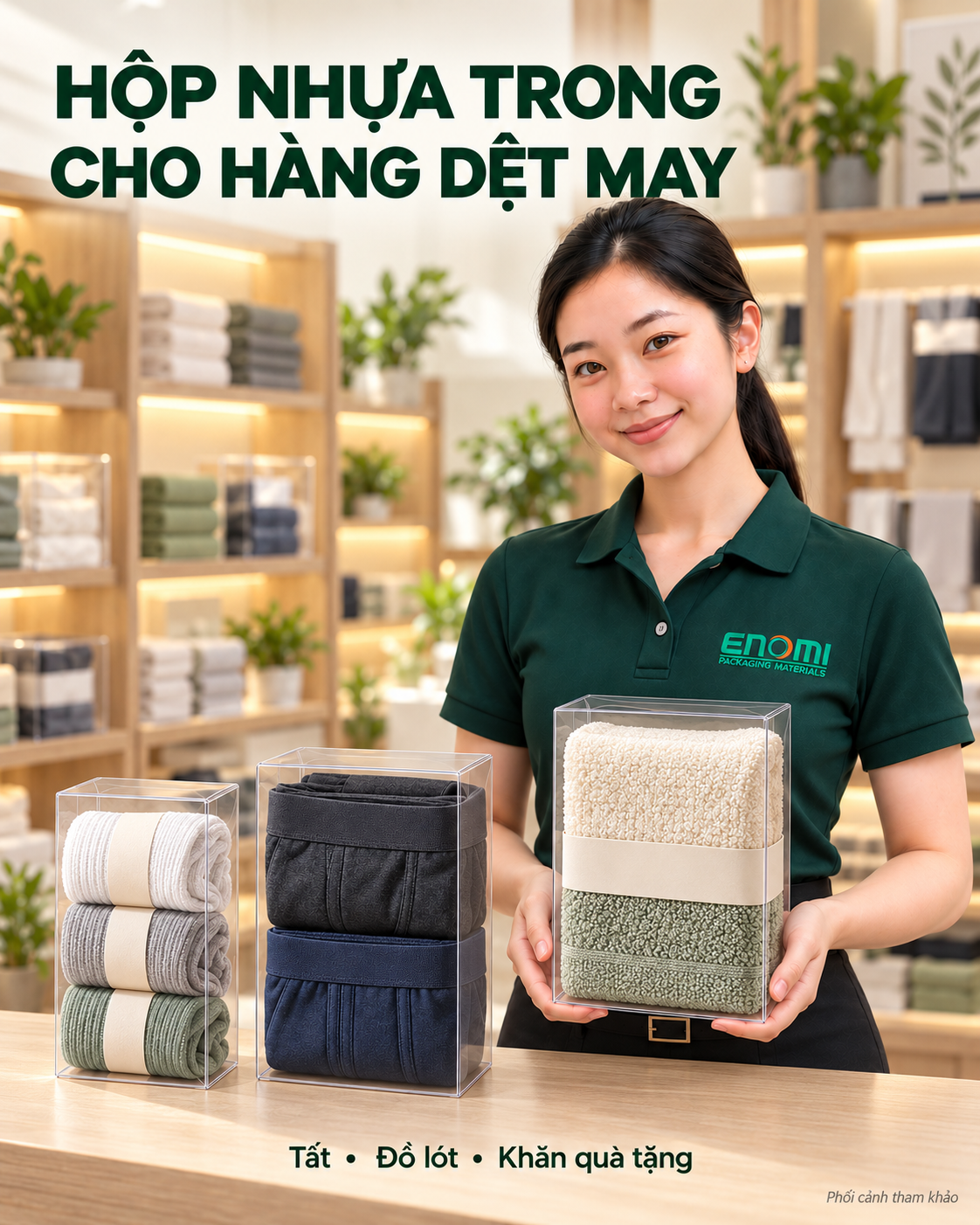 Hộp nhựa đựng tất, đồ lót và khăn quà tặng ENOMI Phối cảnh người mẫu ENOMI giới thiệu hộp nhựa trong đựng tất theo bộ, đồ lót gấp gọn và khăn quà tặng.