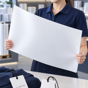 Phối cảnh người mẫu cầm tấm PP trắng mờ, phía trước là mẫu tag thẻ treo quần áo.
