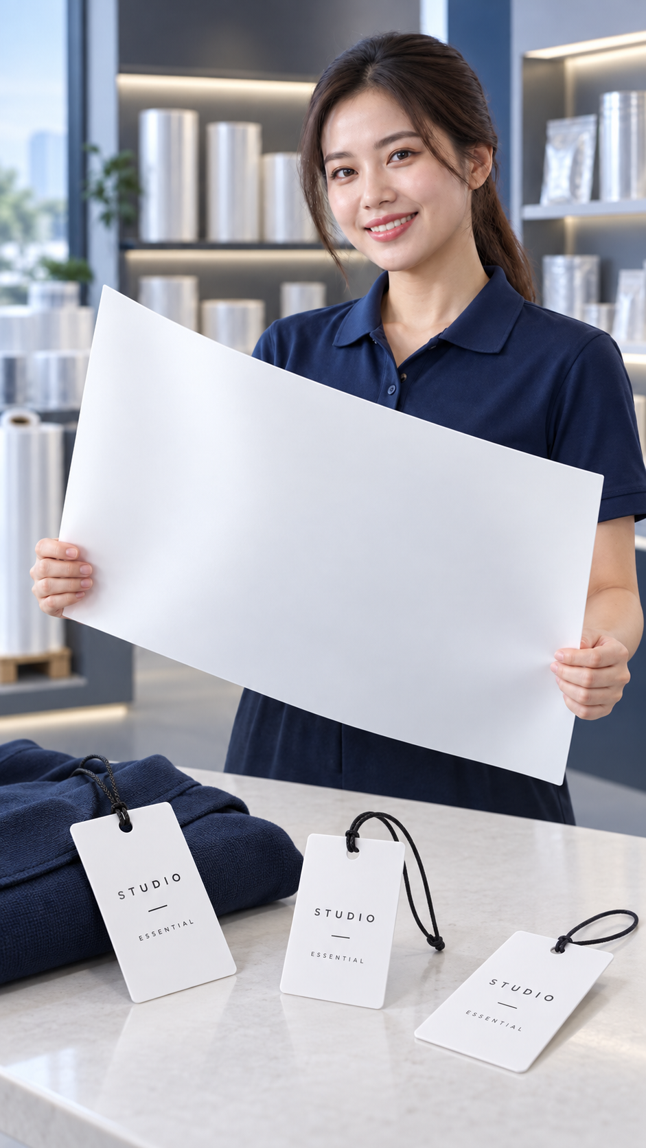Phối cảnh người mẫu cầm tấm PP trắng mờ, phía trước là mẫu tag thẻ treo quần áo.