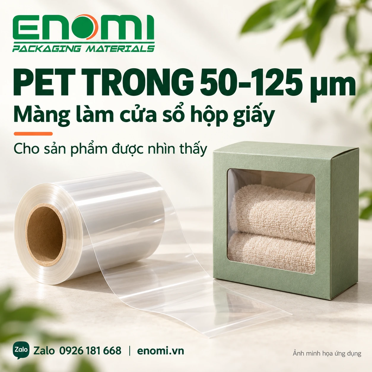 Minh họa cuộn PET trong và hộp giấy có cửa sổ đựng khăn