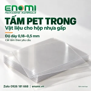 Minh họa tấm PET trong xếp phẳng, độ dày 0,18–0,5 mm cho gia công hộp nhựa gấp.
