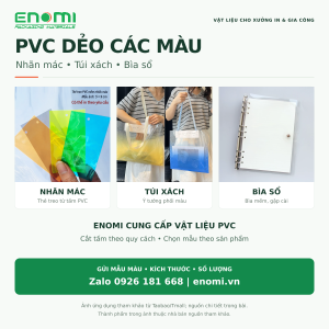 Ứng dụng PVC dẻo các màu: nhãn mác, túi xách và bìa sổ. Chữ trong ảnh đã dịch sang tiếng Việt; logo ENOMI và Zalo 0926 181 668.