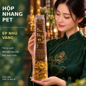 Phối cảnh hộp nhang PET trong ép nhũ vàng, người mẫu mặc áo dài xanh trang nhã; logo ENOMI không nền trắng, không hiển thị thông tin khách hàng.