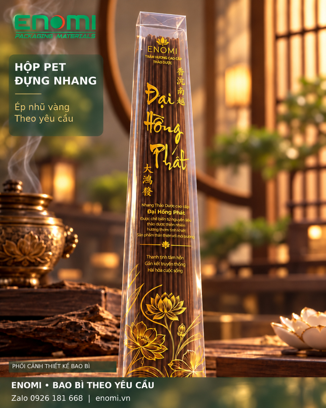 Phối cảnh hộp nhang PET trong ép nhũ hoa sen vàng; logo ENOMI không nền trắng, nền xanh làm nhạt theo mẫu duyệt