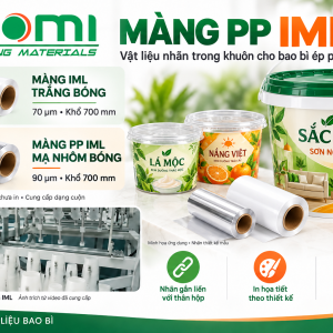 Màng PP IML ENOMI trắng bóng 70 micromet và mạ nhôm 90 micromet, minh họa thùng sơn PP và hộp PP
