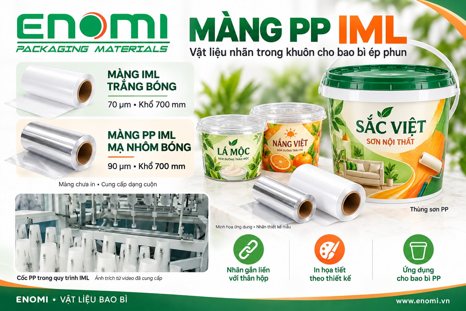 ENOMI – Màng PP IML trắng bóng và mạ nhôm cho thùng sơn, hộp và cốc PP Màng PP IML ENOMI trắng bóng 70 micromet và mạ nhôm 90 micromet, minh họa thùng sơn PP và hộp PP