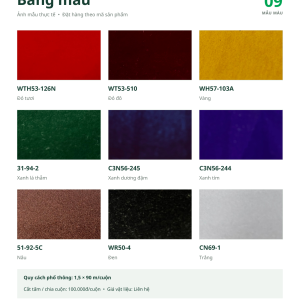Bảng 9 màu decal nhung có keo ENOMI với tên màu và mã sản phẩm theo catalog