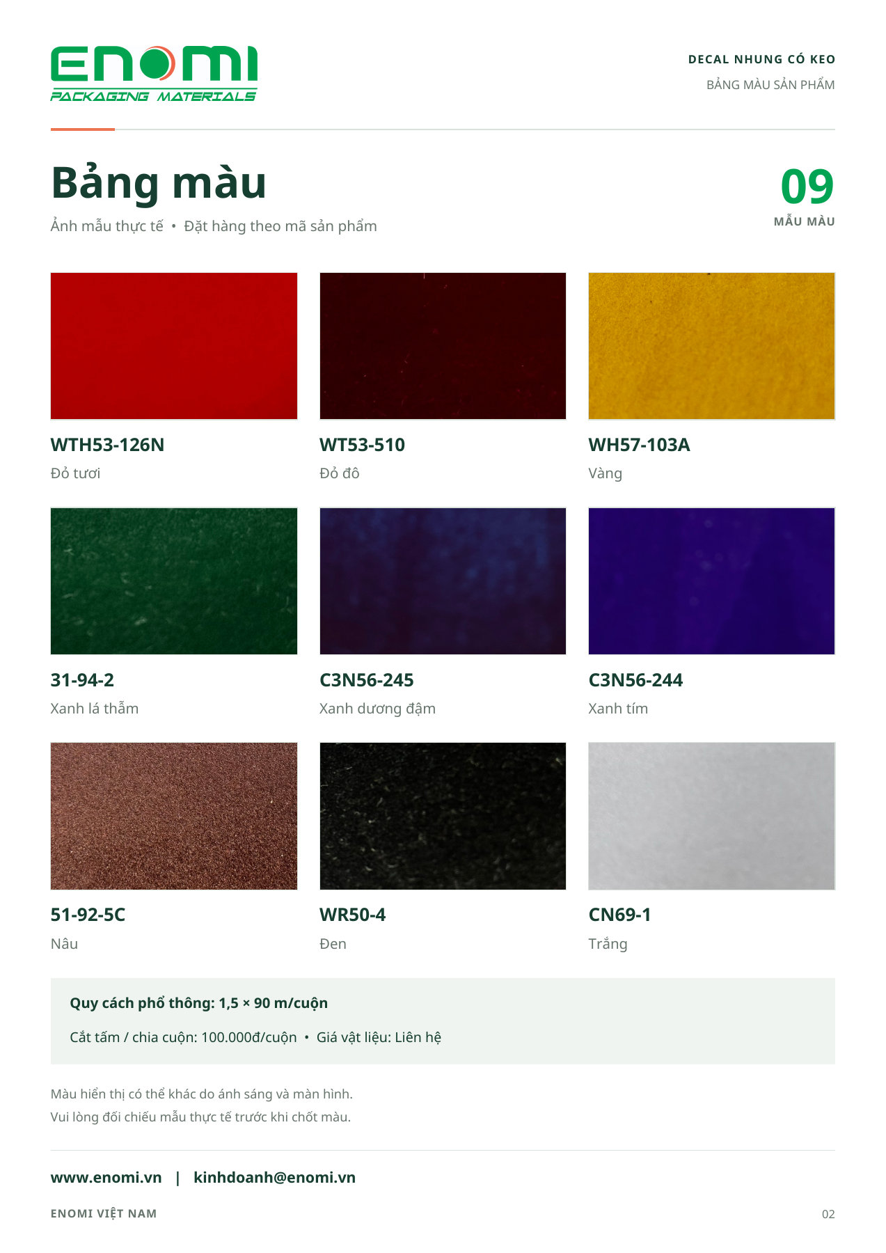 Bảng 9 màu decal nhung có keo ENOMI: đỏ tươi, đỏ đô, vàng, xanh lá thẫm, xanh dương đậm, xanh tím, nâu, đen và trắng; kèm mã sản phẩm
